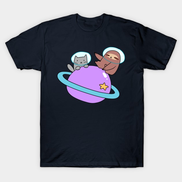 Saturn Space Sloth and Cat T-Shirt by saradaboru